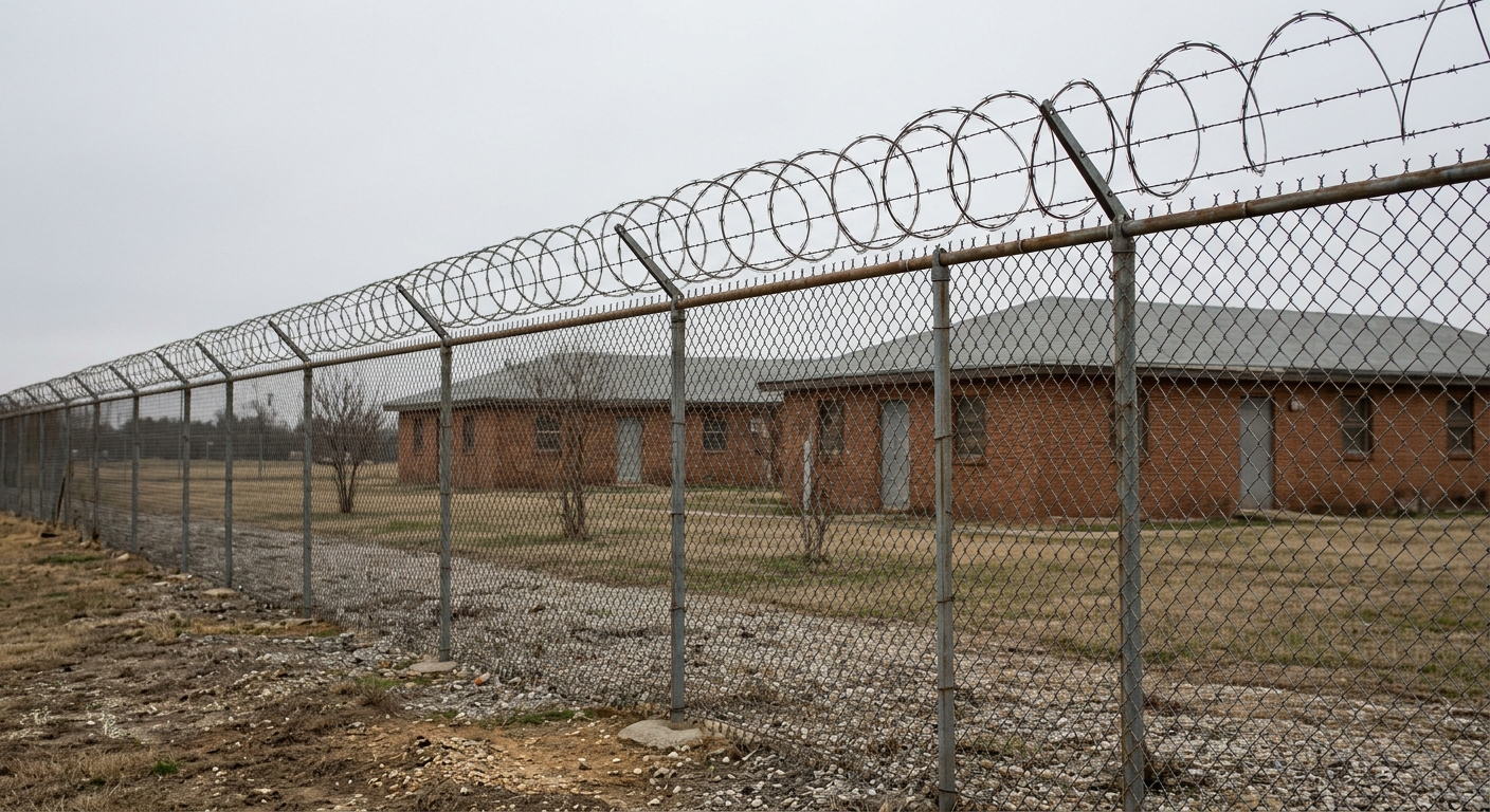 a chain-link fence topped with barbed wire at a quiet United States military installation, with simple brick barracks blurred in the background under a flat ove