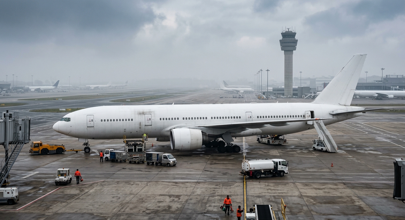 a commercial passenger airplane parked on a hazy airport tarmac with ground support vehicles and a distant control tower, natural everyday lighting, shot on a D