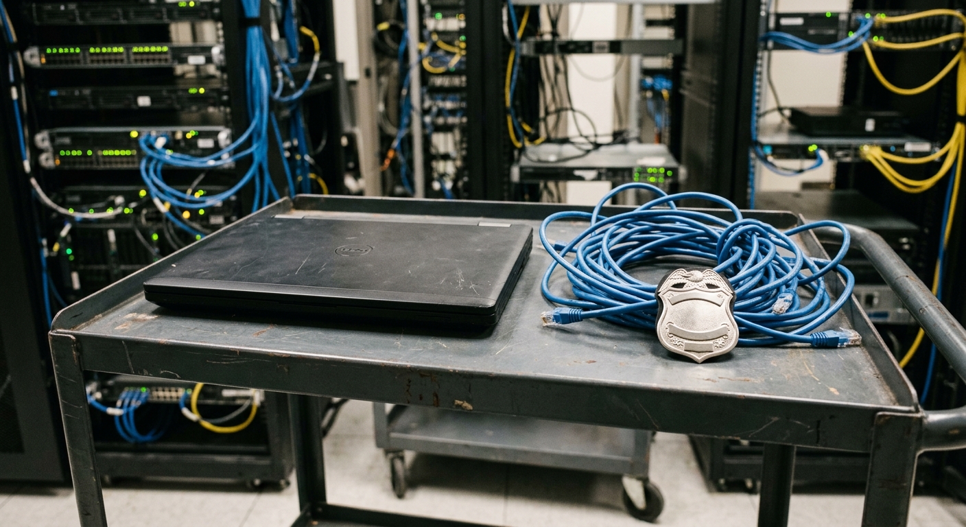 a closed black laptop, tangled blue Ethernet cables, and a generic silver law enforcement shield badge resting on a metal utility cart inside a server room, nat