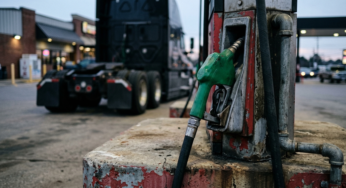 a green diesel fuel pump nozzle resting in its holster at a weathered American truck stop, with a large blurred semi-truck parked in the background, natural eve