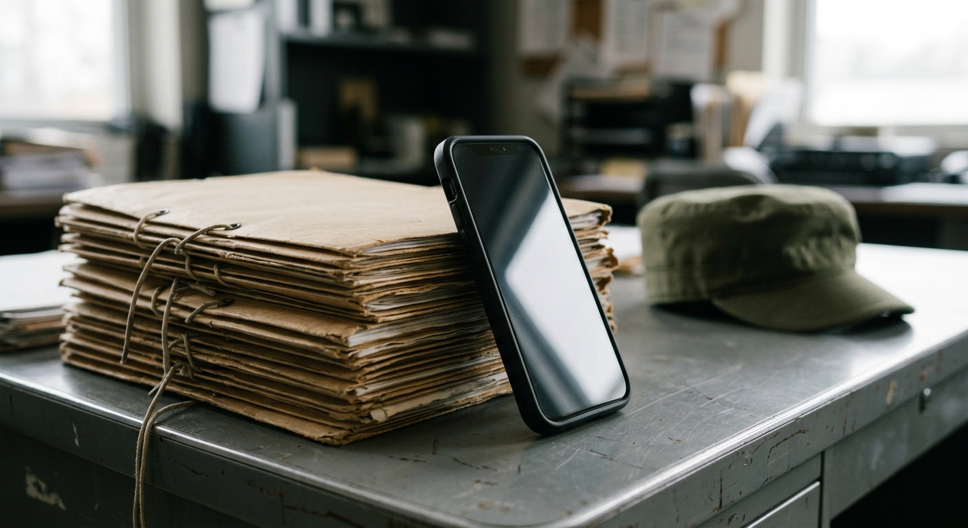 a smartphone leaning against a stack of official manila folders on a gray metal desk, with a generic olive green military uniform cap sitting blurred in the bac