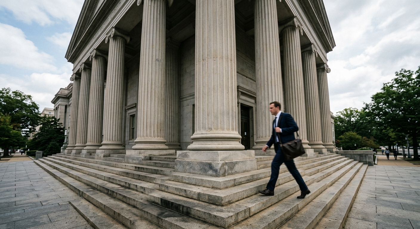 the imposing stone columns and steps of a classic American federal government building in Washington D
