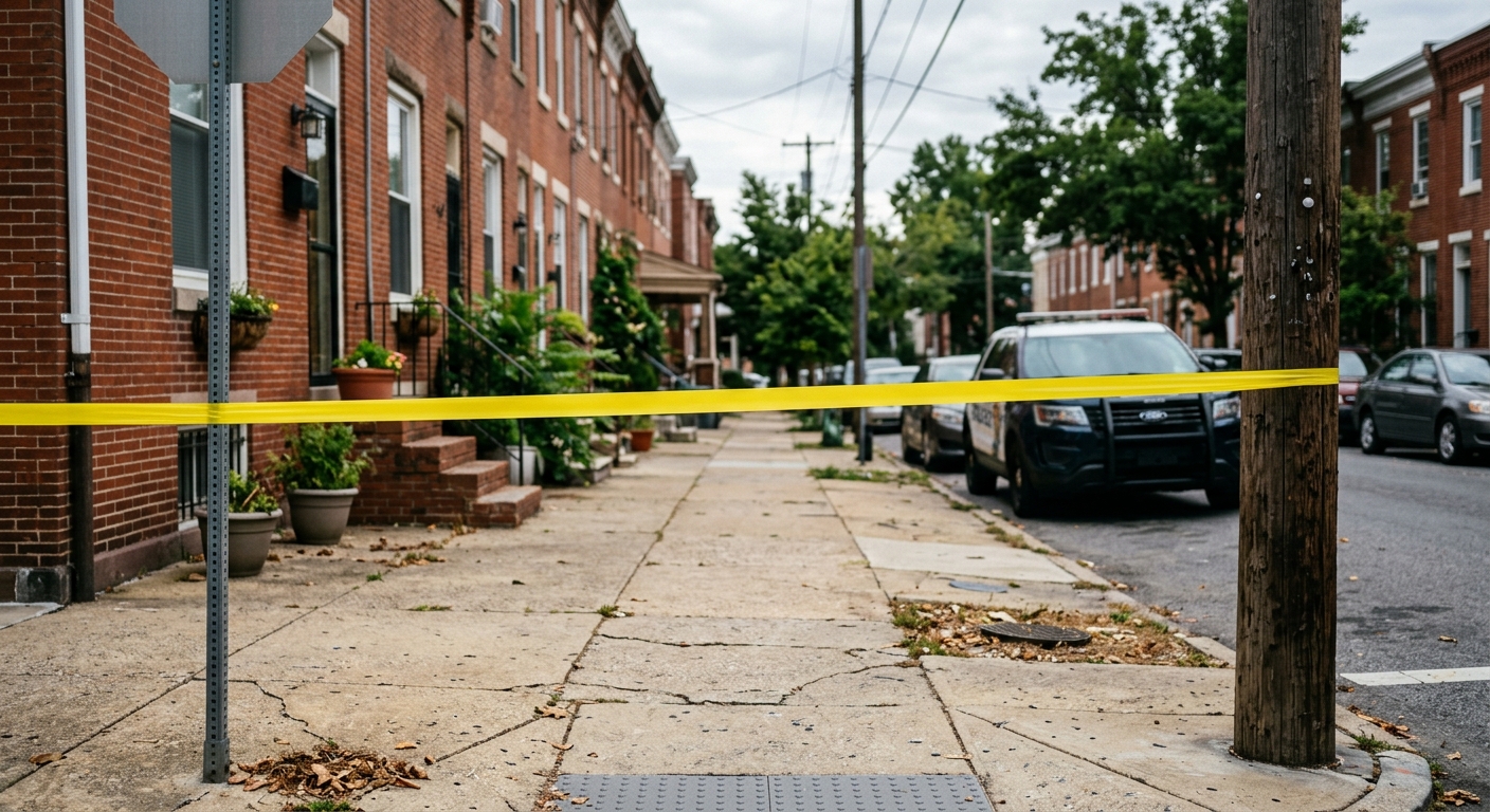 plain yellow boundary tape stretched across a sidewalk in a residential urban neighborhood with brick rowhouses, an out-of-focus police cruiser parked in the ba