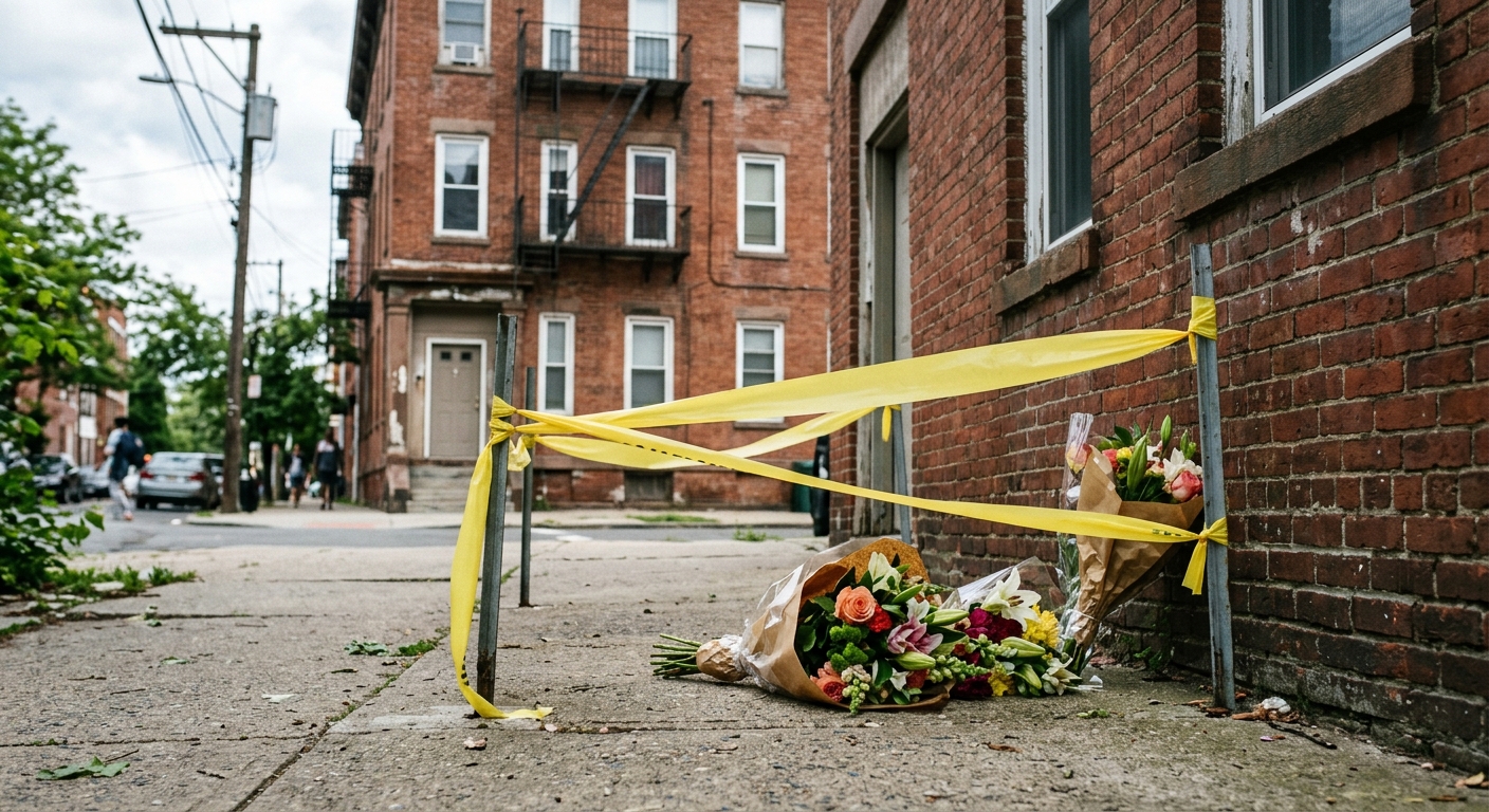 a small makeshift memorial with a bouquet of flowers resting on a sidewalk near a plain yellow caution tape cordon, older brick buildings typical of a northeast