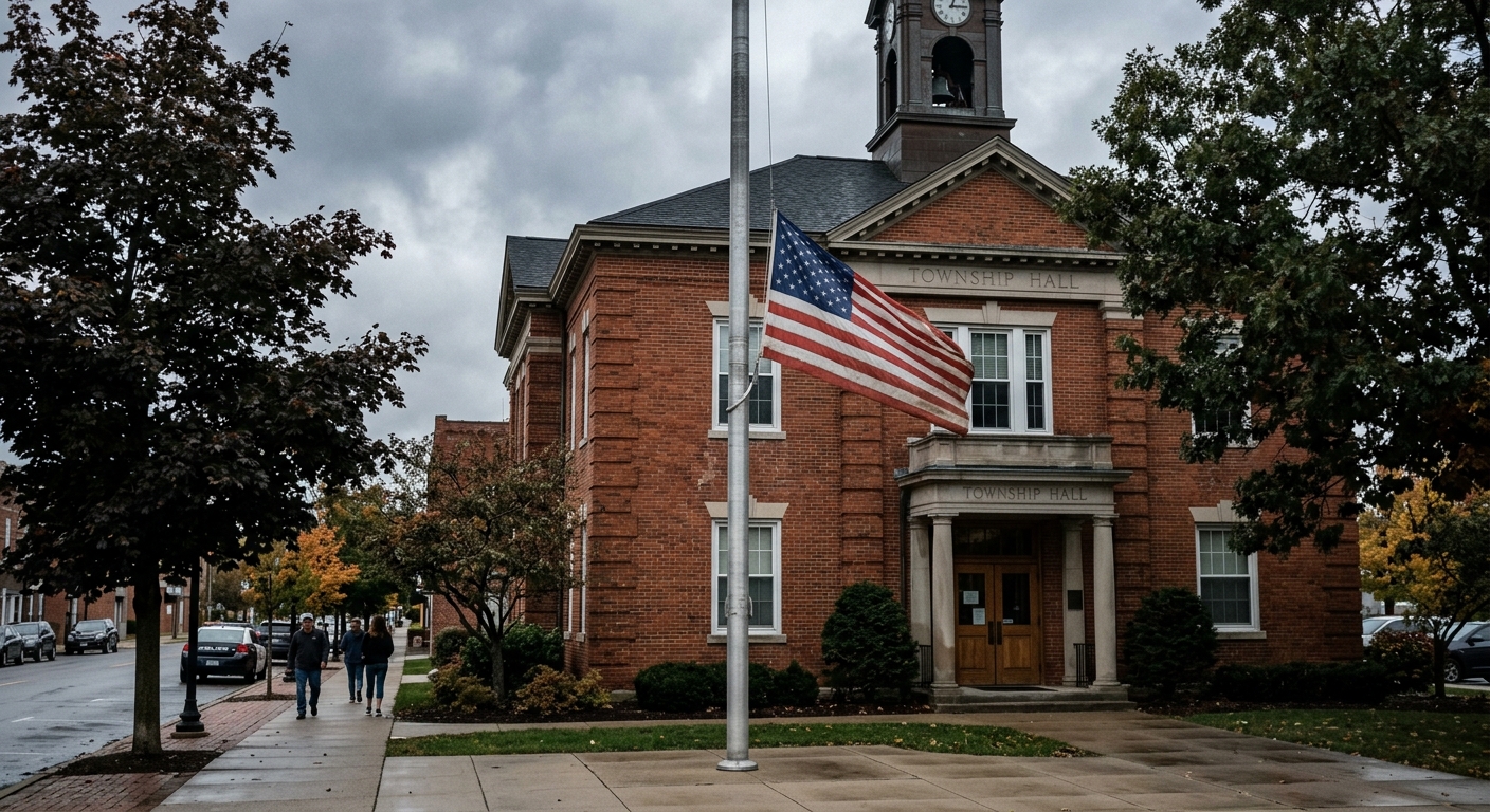 an American flag flying at half-mast on a metal flagpole outside a classic red brick municipal building on an overcast day, natural everyday lighting, shot on a