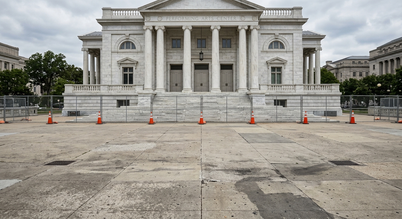 an empty concrete plaza outside a grand, white marble performing arts building featuring classic American civic architecture, with temporary chain-link fencing