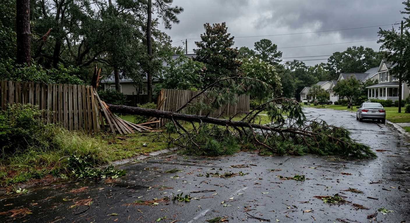 a large fallen pine tree branch lying across a wet suburban street, with a damaged wooden fence and scattered leafy debris in a coastal Southeastern neighborhoo