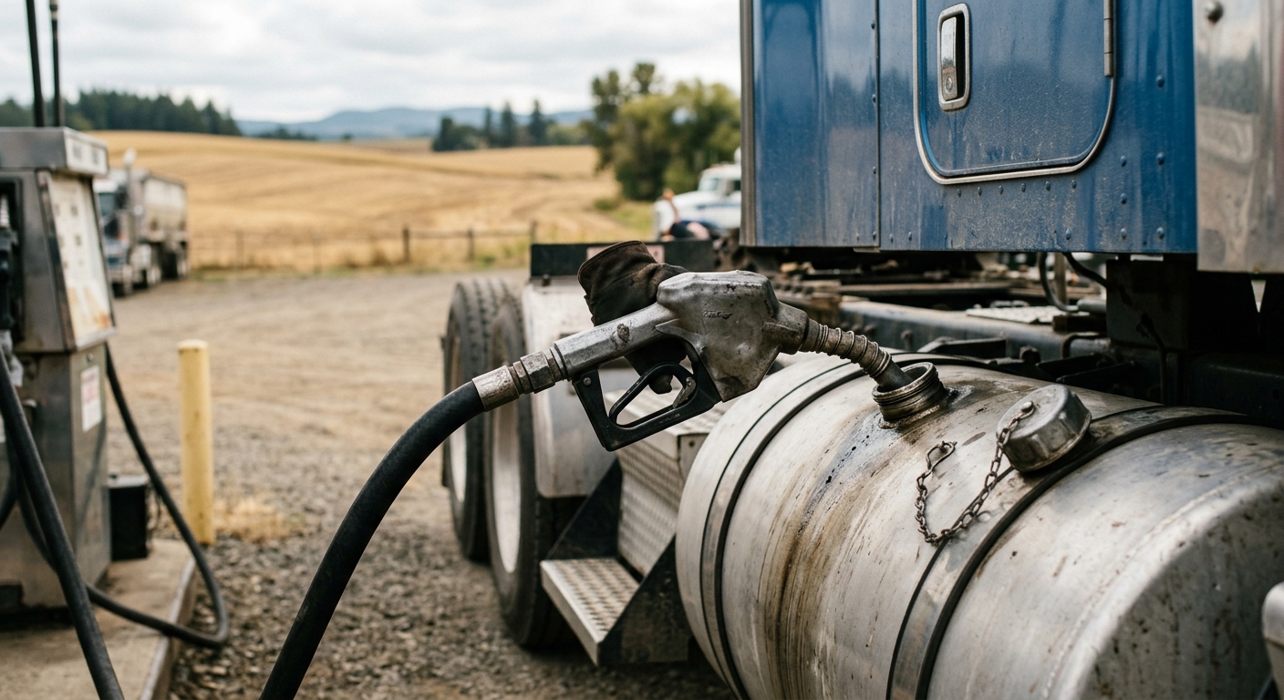 a heavy-duty commercial semi-truck being refueled at a rural American service station, focusing closely on the metal fuel nozzle inserted into the large side ta
