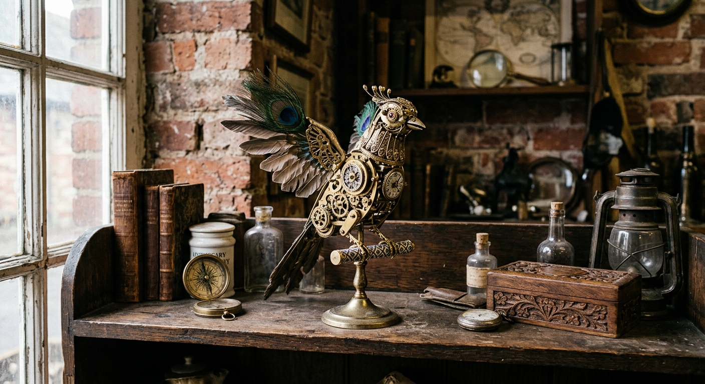 an ornate vintage mechanical bird automaton displayed on a wooden shelf inside a rustic brick-walled curiosity shop, surrounded by eclectic antique items, natur