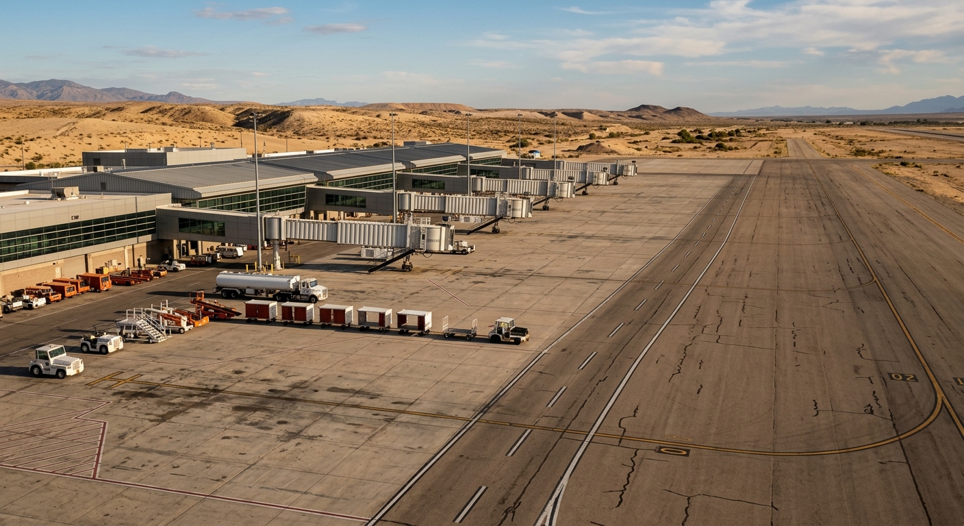 an empty commercial airport tarmac in a dry, sandy environment, featuring stationary boarding bridges and parked ground service equipment with no aircraft in si