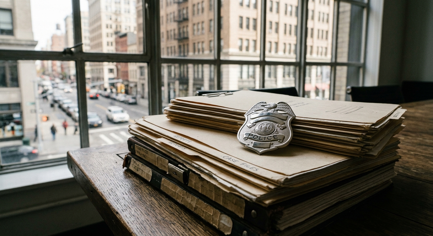 a generic silver law enforcement badge resting on a thick stack of manila folders and bound reports on a wooden conference table, with a blurred view of a busy