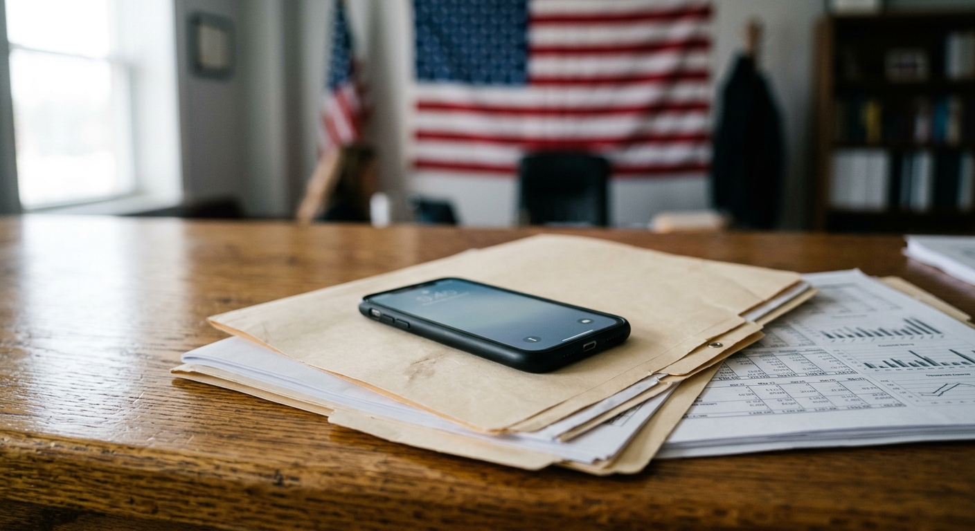 a modern smartphone resting on top of official manila folders and printed financial spreadsheets on a polished wooden desk, with a softly blurred United States