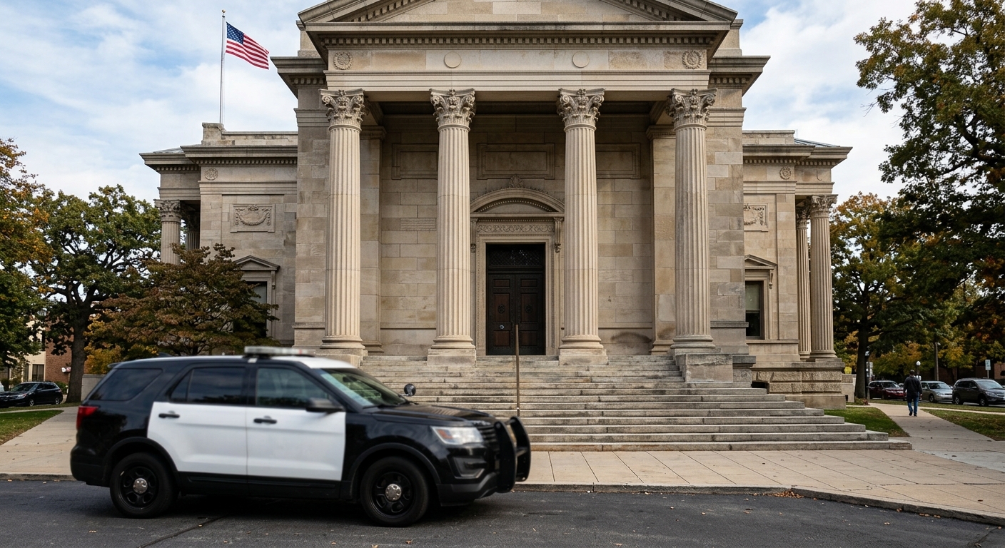 the stone steps and columns of a traditional American courthouse, with a slightly out-of-focus law enforcement vehicle parked in the foreground, natural everyda