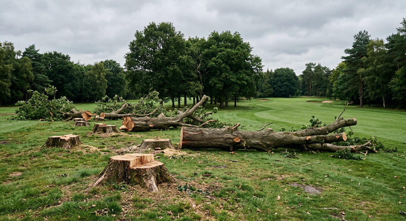 fresh tree stumps and felled mature oak trees lying on the green grass of a public golf course, with remaining tall trees and a cloudy sky in the background, na