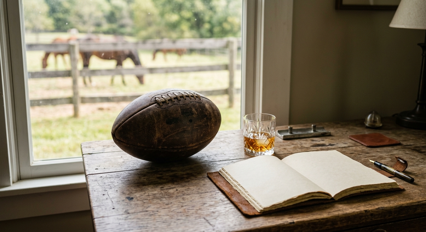a vintage leather football resting on a rustic wooden desk beside a glass of amber bourbon and an open blank journal, with a softly blurred view of a wooden fen