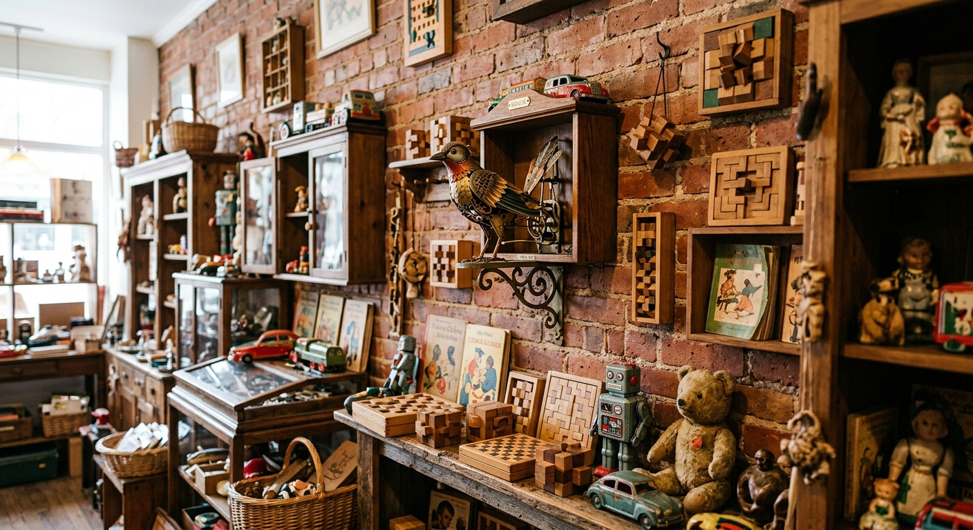 the interior of an eclectic novelty shop featuring a finely crafted mechanical bird automaton affixed to a brick wall, surrounded by quirky vintage toys and woo