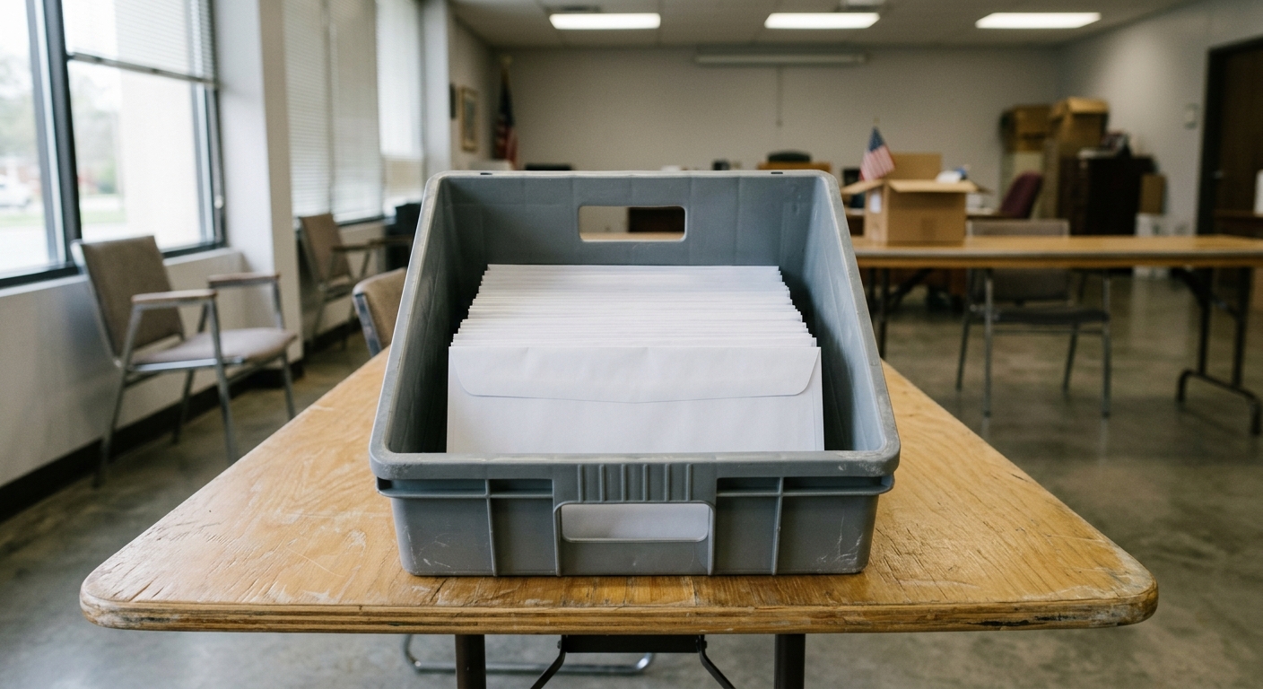 several plain white sealed envelopes resembling mail-in ballots stacked inside a gray plastic sorting bin on a long folding table in a quiet municipal office, n