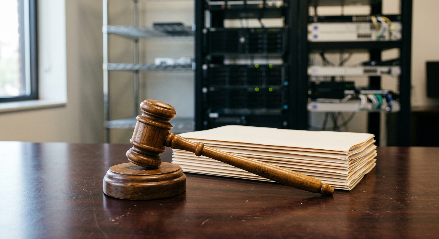 a wooden gavel and a stack of plain manila folders sitting on a dark office desk, with a modern computer server rack blurred in the background, natural everyday