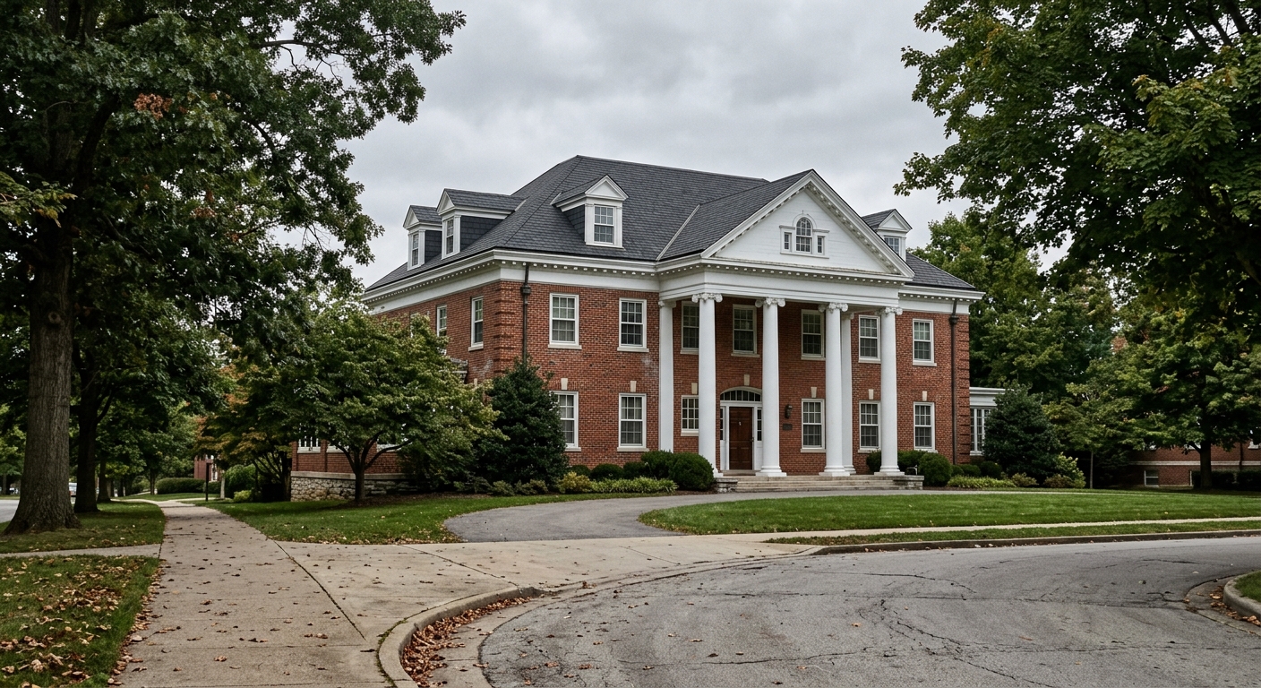 a large, traditional red brick house with white columns typical of American university fraternities, viewed from a tree-lined sidewalk on an empty college campu
