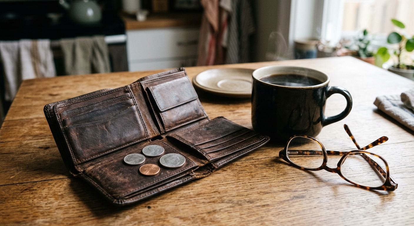 an open, worn leather wallet with a few loose coins resting on a wooden kitchen table next to a simple cup of black coffee and a pair of reading glasses, natura
