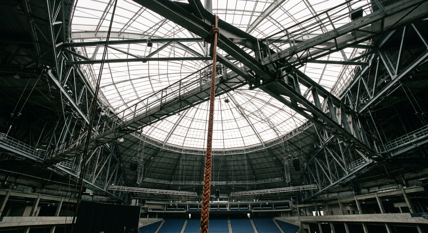 a thick rappelling rope hanging down from the high steel beams and catwalks of a massive indoor American football stadium, looking up toward the domed ceiling,