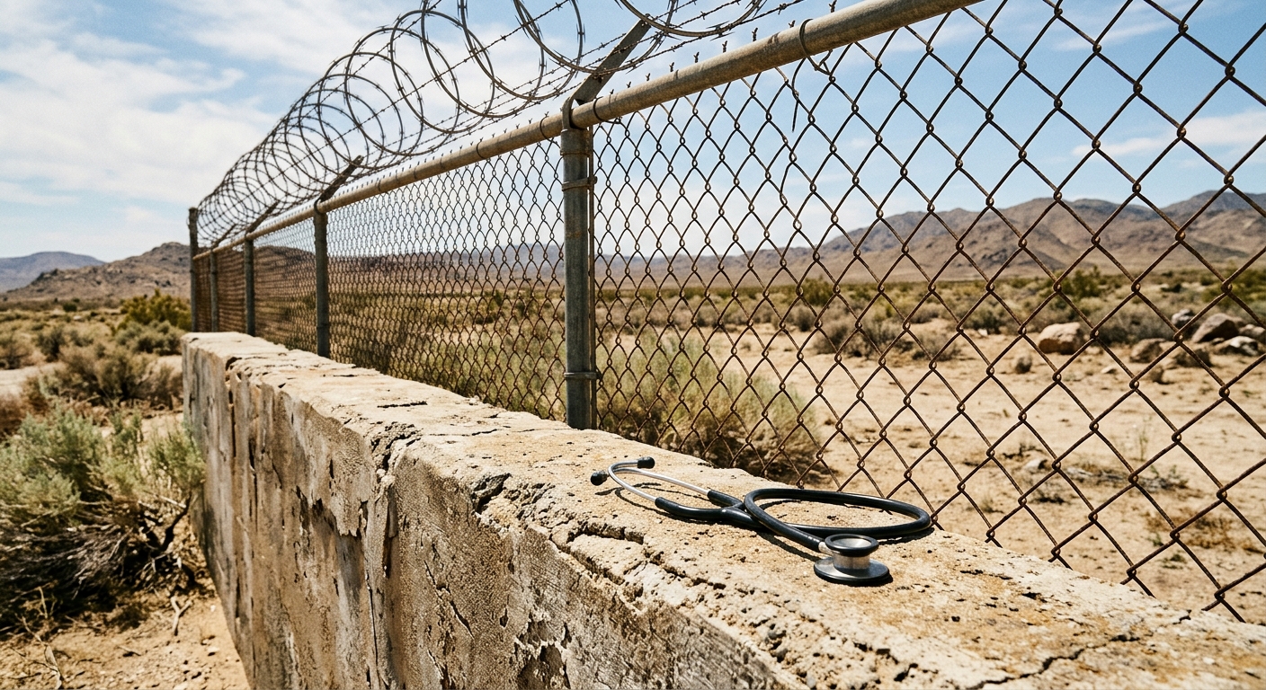 a standard medical stethoscope resting on a weathered concrete wall next to a tall chain-link fence topped with coiled wire, set against a dry, sun-baked desert