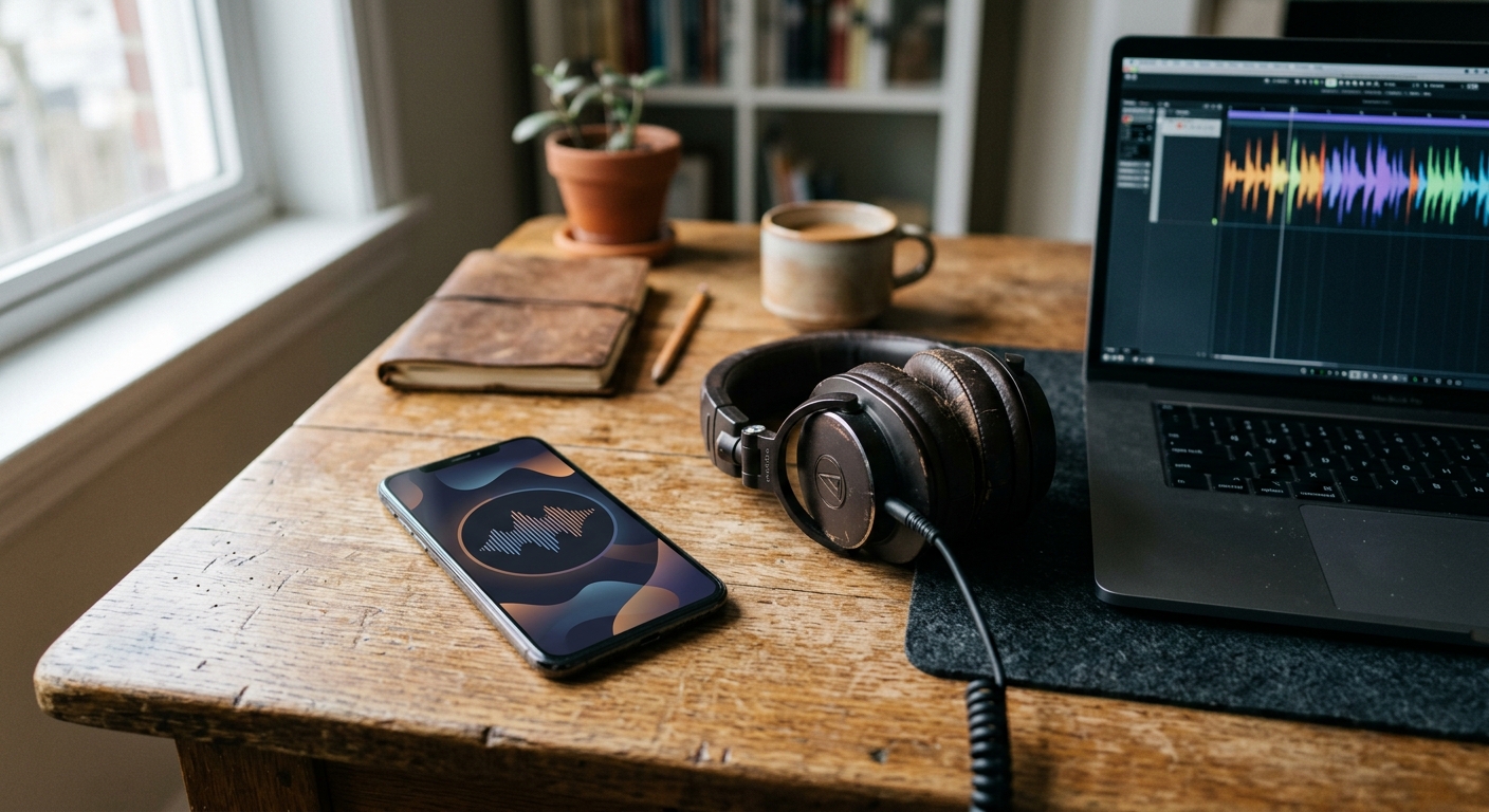 a smartphone resting on a wooden home office desk displaying a generic music player interface with abstract shapes, sitting next to a pair of worn over-ear head