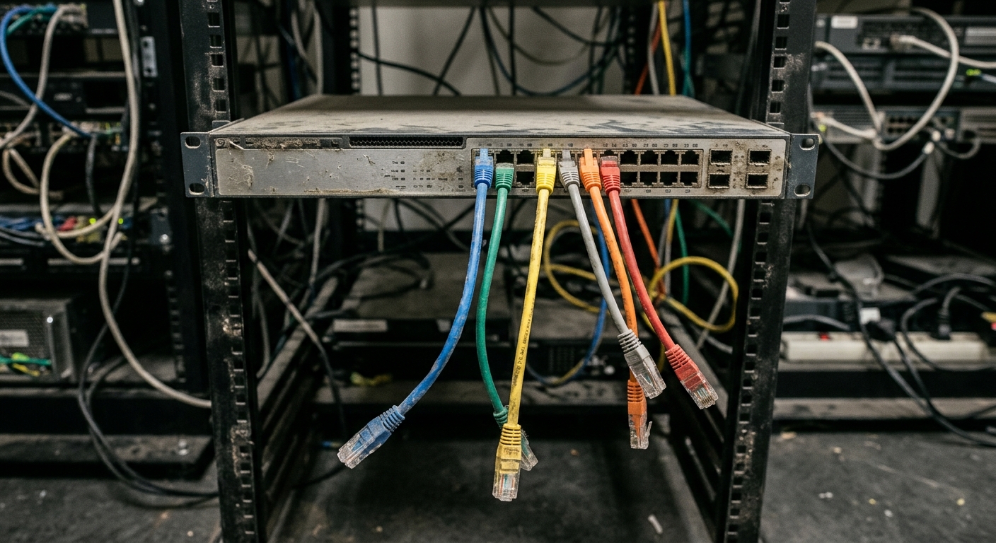 several colored ethernet cables hanging unplugged from a dusty network switch in a standard office server room, natural everyday lighting, shot on a DSLR camera