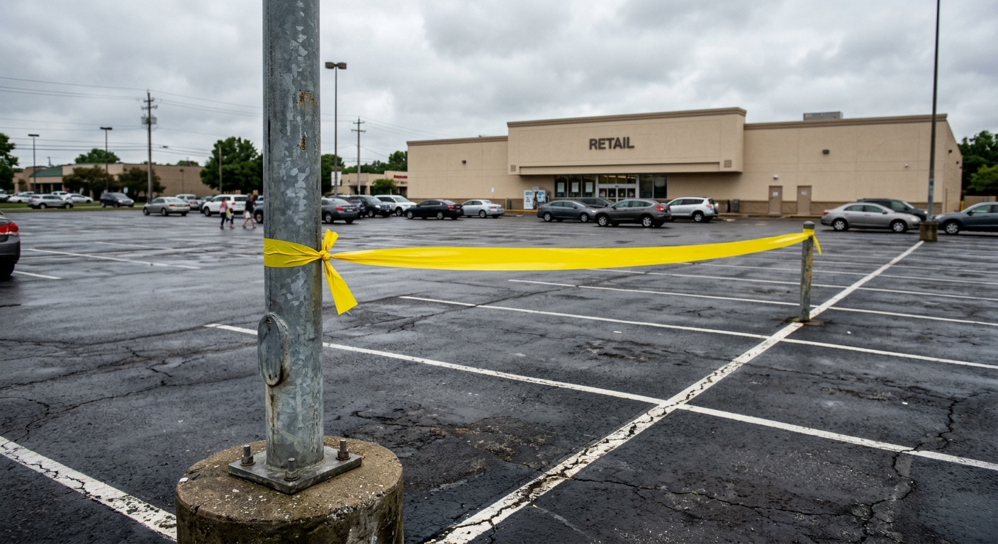 a stretch of blank yellow caution tape tied to a metal light pole in a large asphalt parking lot outside a generic retail store on a cloudy afternoon, natural e