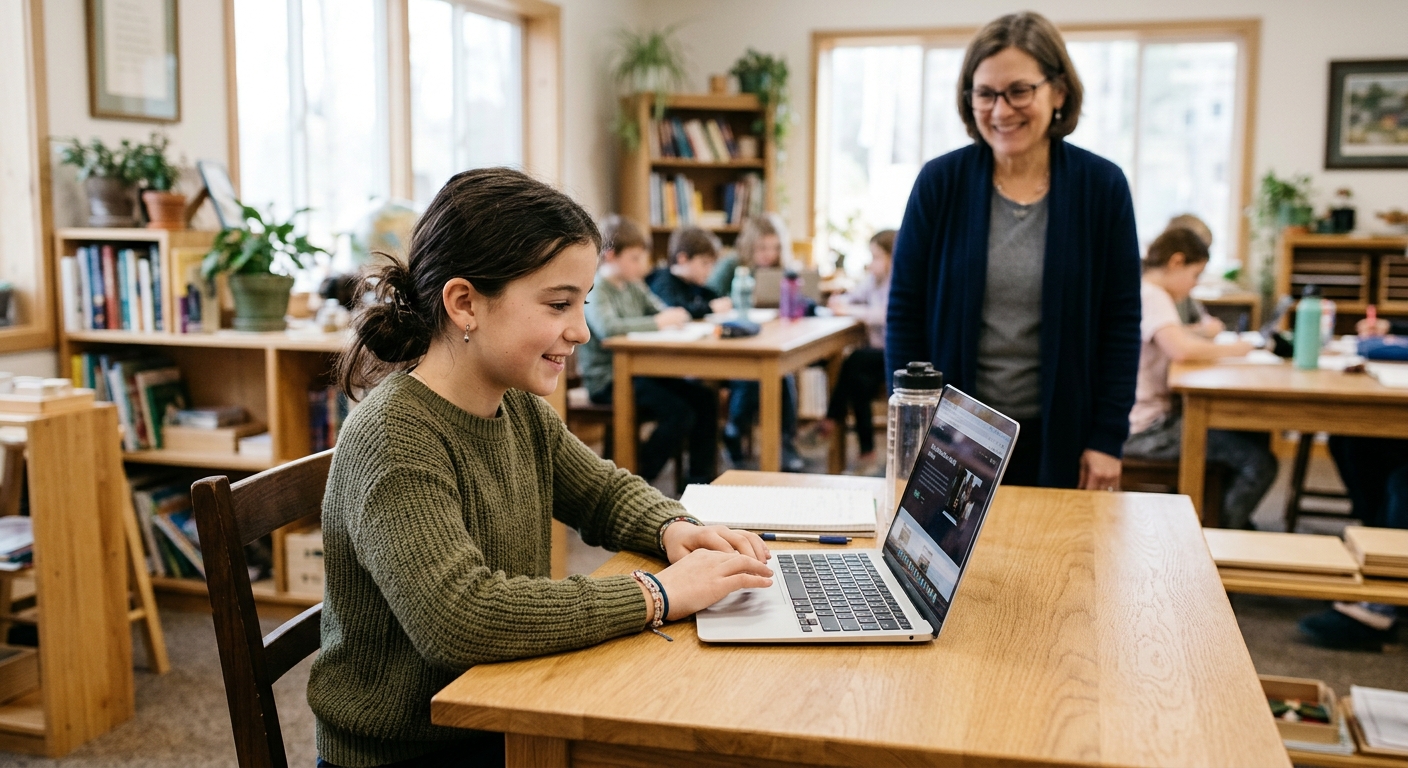 a young student using a laptop at a modern wooden desk in a comfortable, open-plan classroom, with an adult educator observing gently in the blurred background,