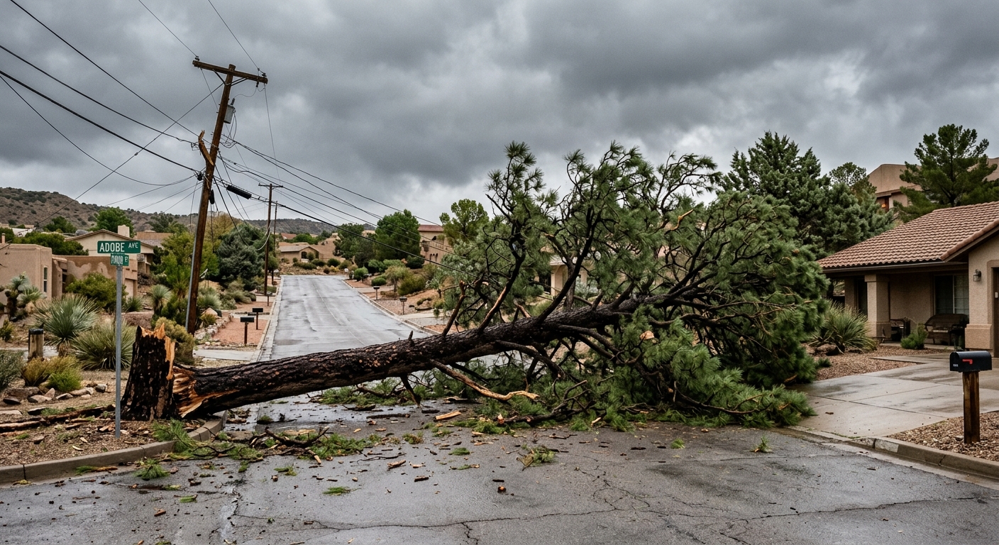 a large, freshly toppled ponderosa pine tree lying across a residential road in a southwestern American town, surrounded by scattered branches and storm debris,