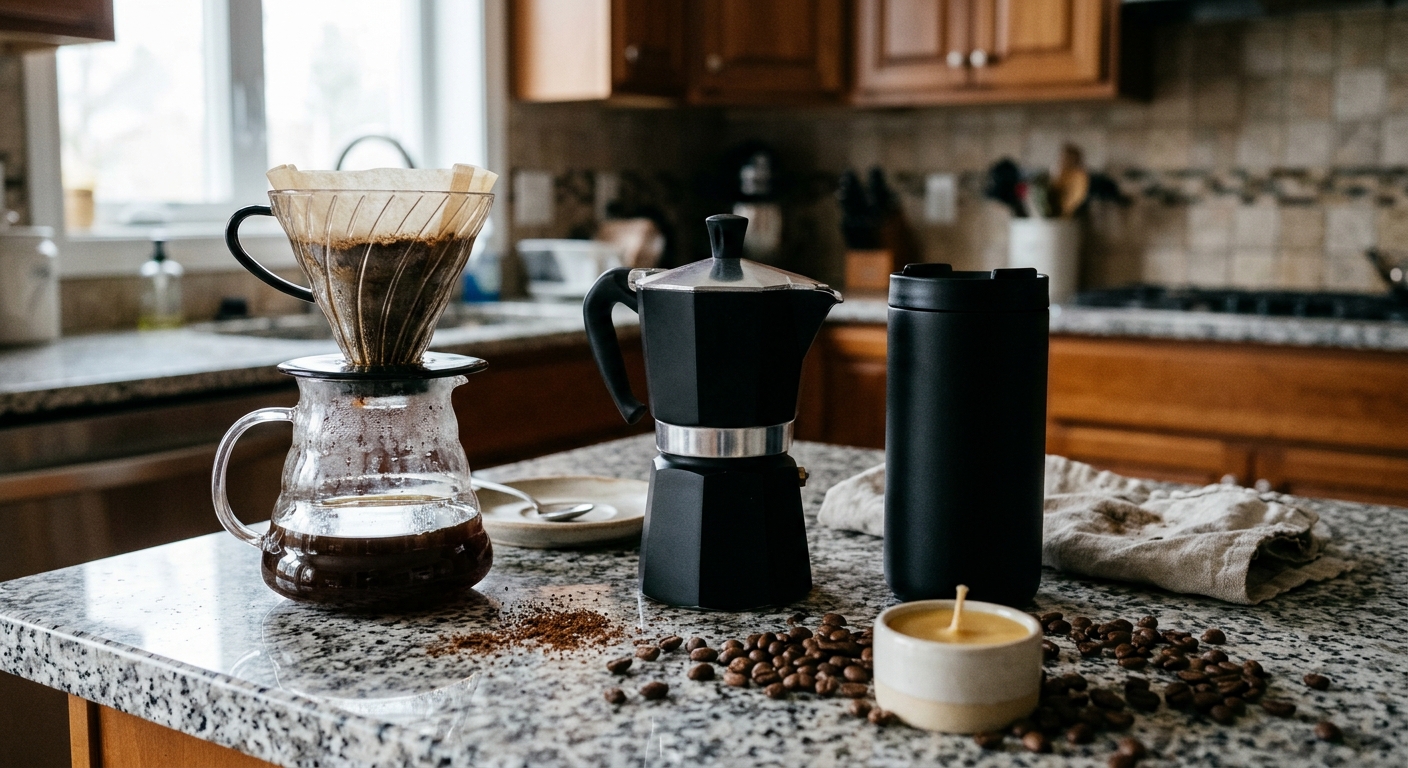 a variety of modern coffee brewing equipment including a glass pour-over carafe, a stainless steel stovetop espresso maker, and a matte black travel mug arrange