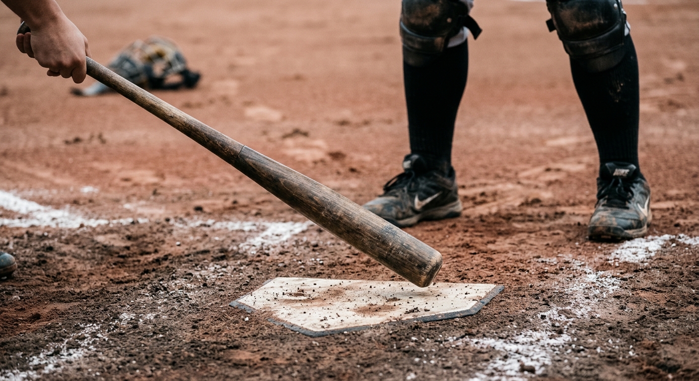 a close-up of a wooden baseball bat hovering just over a dusty home plate during a check swing, with the black shoes and shin guards of an umpire standing in th