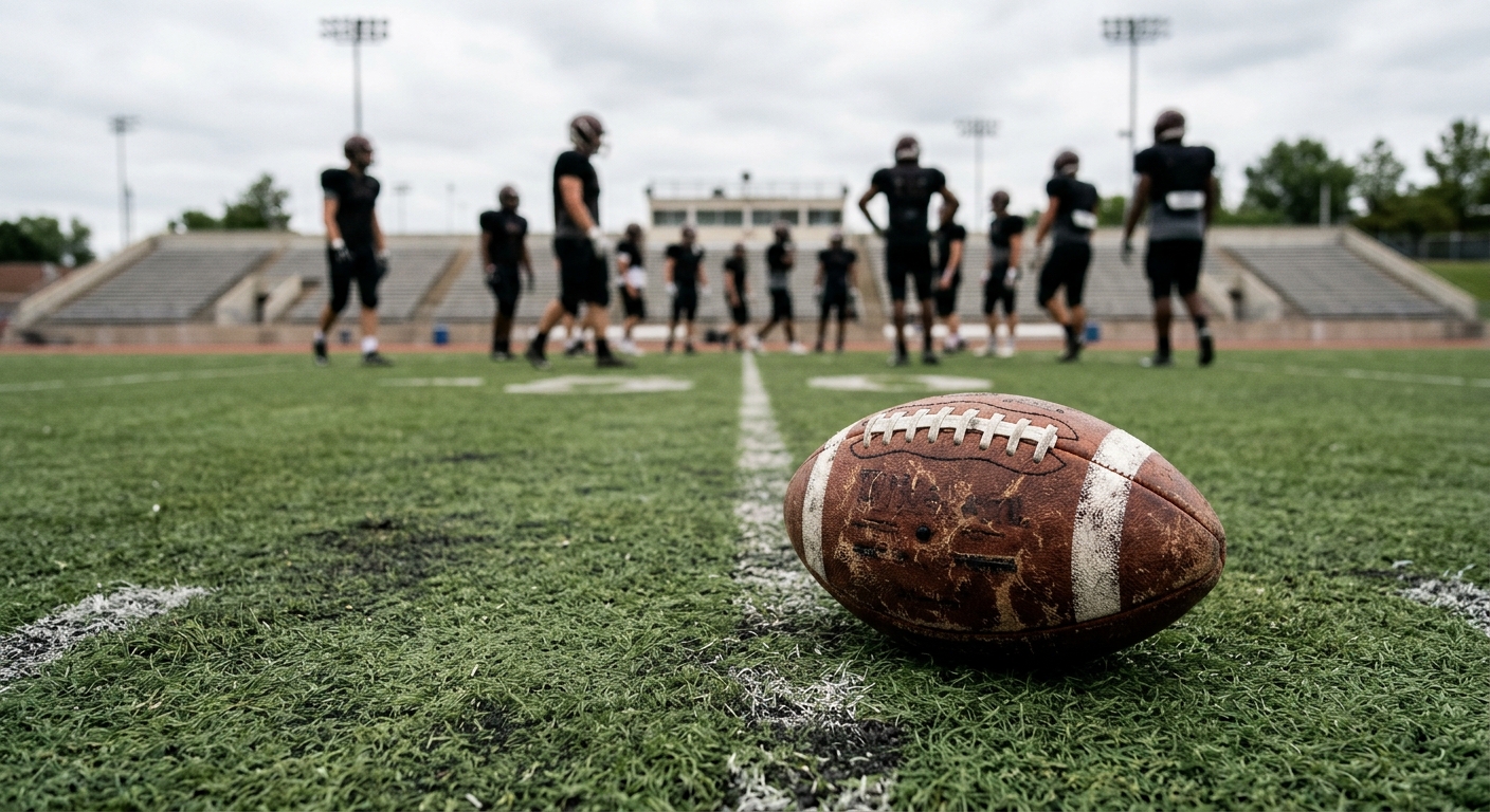 a scuffed brown leather American football resting on the worn green turf of an outdoor stadium, with the blurred silhouettes of athletes wearing helmets and sho