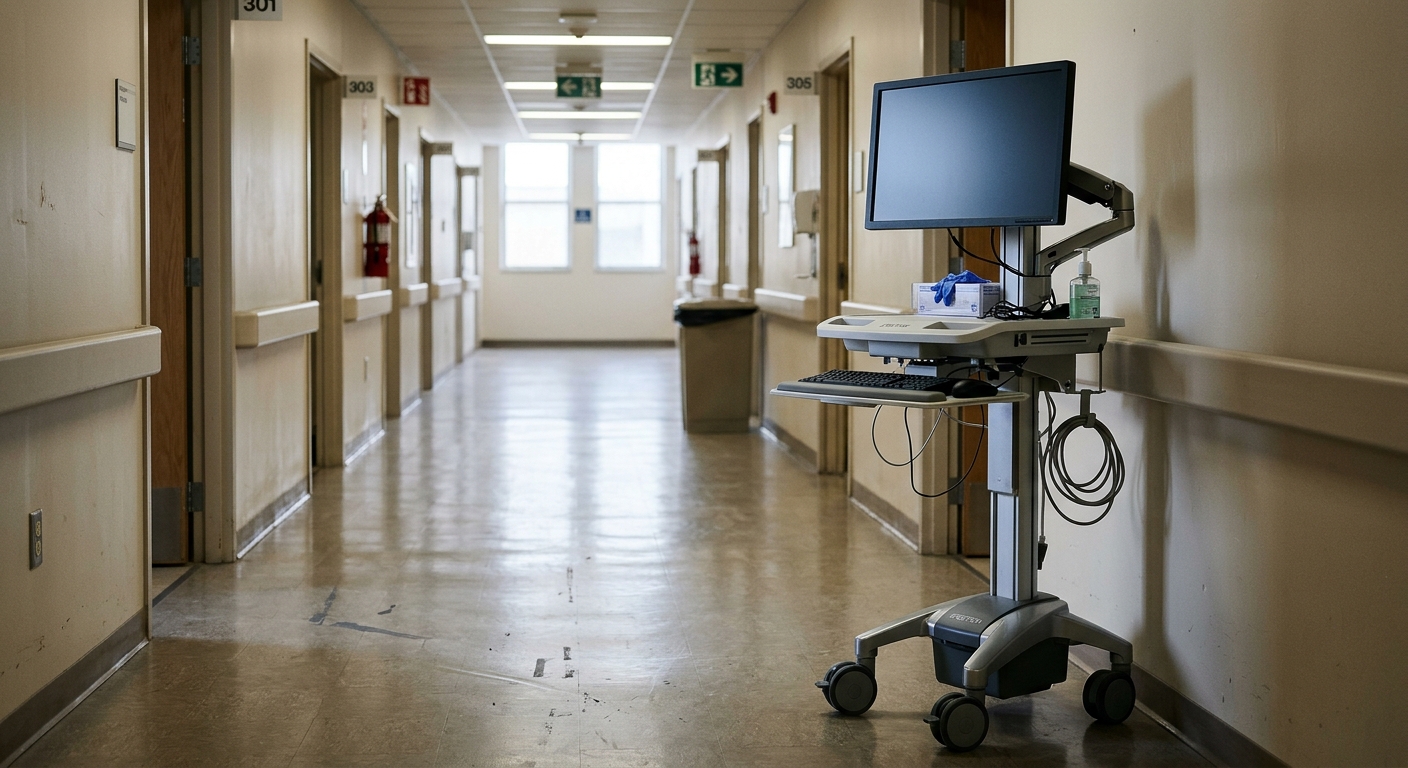 a blank computer monitor on a rolling medical workstation in an empty hospital corridor, natural everyday lighting, shot on a DSLR camera, slight film grain, co