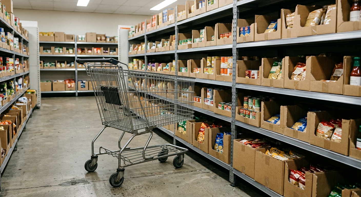 a standard metal shopping cart parked in a simple grocery store aisle, featuring basic metal shelving stocked with generic food products displayed efficiently i