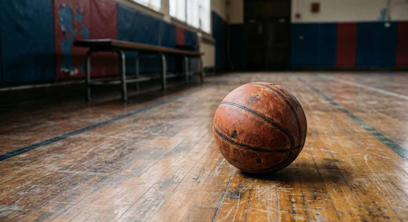 a well-worn leather basketball resting on a scuffed indoor hardwood basketball court, an out-of-focus empty player bench in the background, natural everyday lig