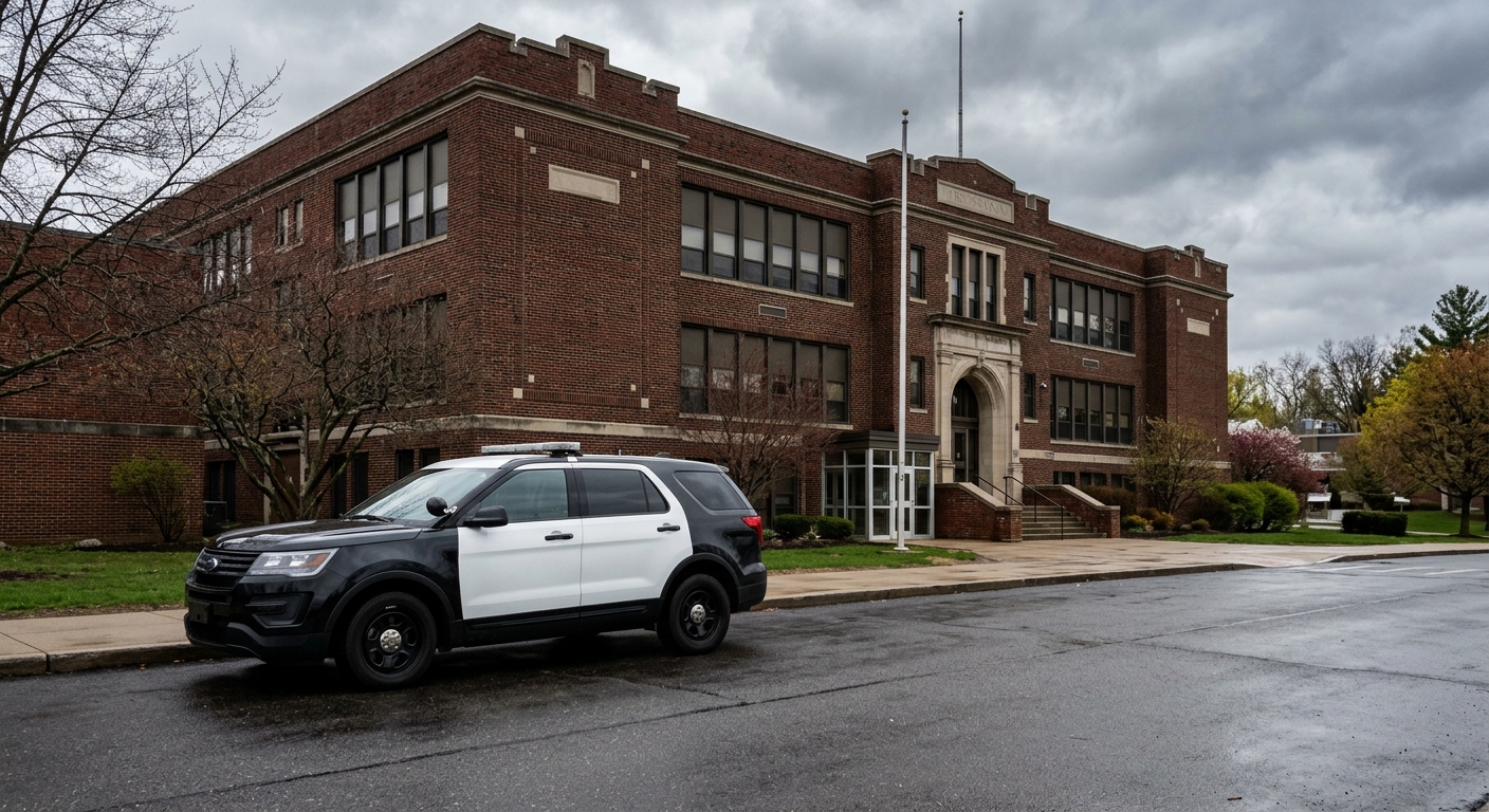 a standard black and white police cruiser parked in front of a typical American brick high school building on an overcast day, natural everyday lighting, shot o