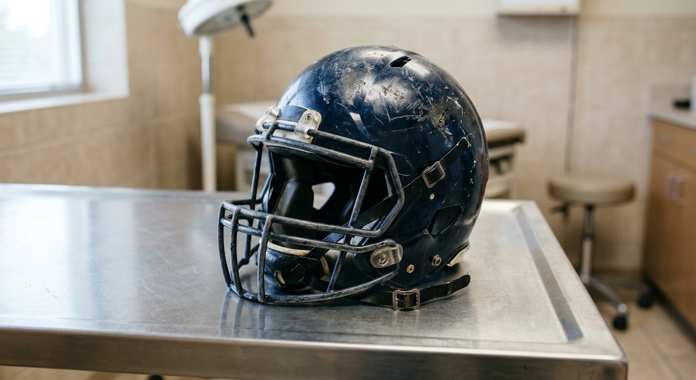 a heavily scuffed and scratched American football helmet resting on a stainless steel medical examination table in a quiet clinic room, natural everyday lightin