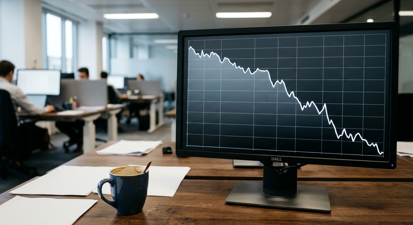 a close-up of a computer monitor displaying a sharply falling line graph, sitting on a dark wooden desk alongside a half-empty coffee mug and some scattered bla