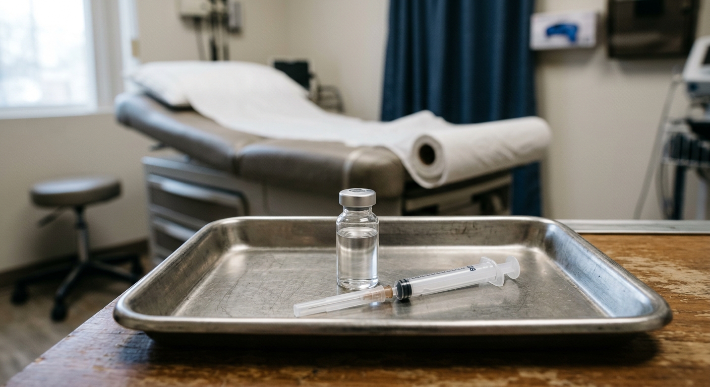 a small glass medical vial and a sterile plastic syringe resting on a stainless steel tray in a local health clinic, an empty examination table with crinkled wh