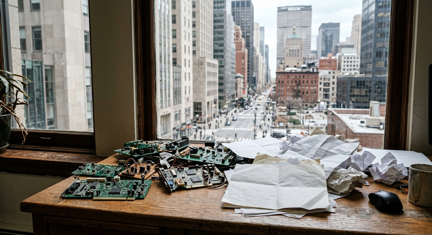 scattered computer circuit boards and crumpled business documents on a wooden desk near a window overlooking a typical American financial district, natural ever
