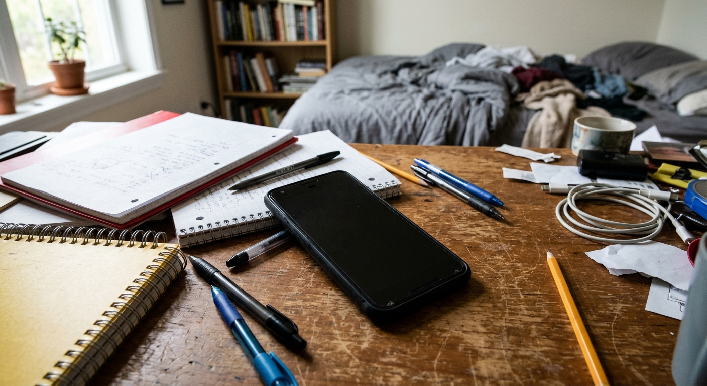 a modern smartphone with a blank dark screen resting on a messy wooden desk surrounded by scattered spiral notebooks and pens in an everyday bedroom setting, na