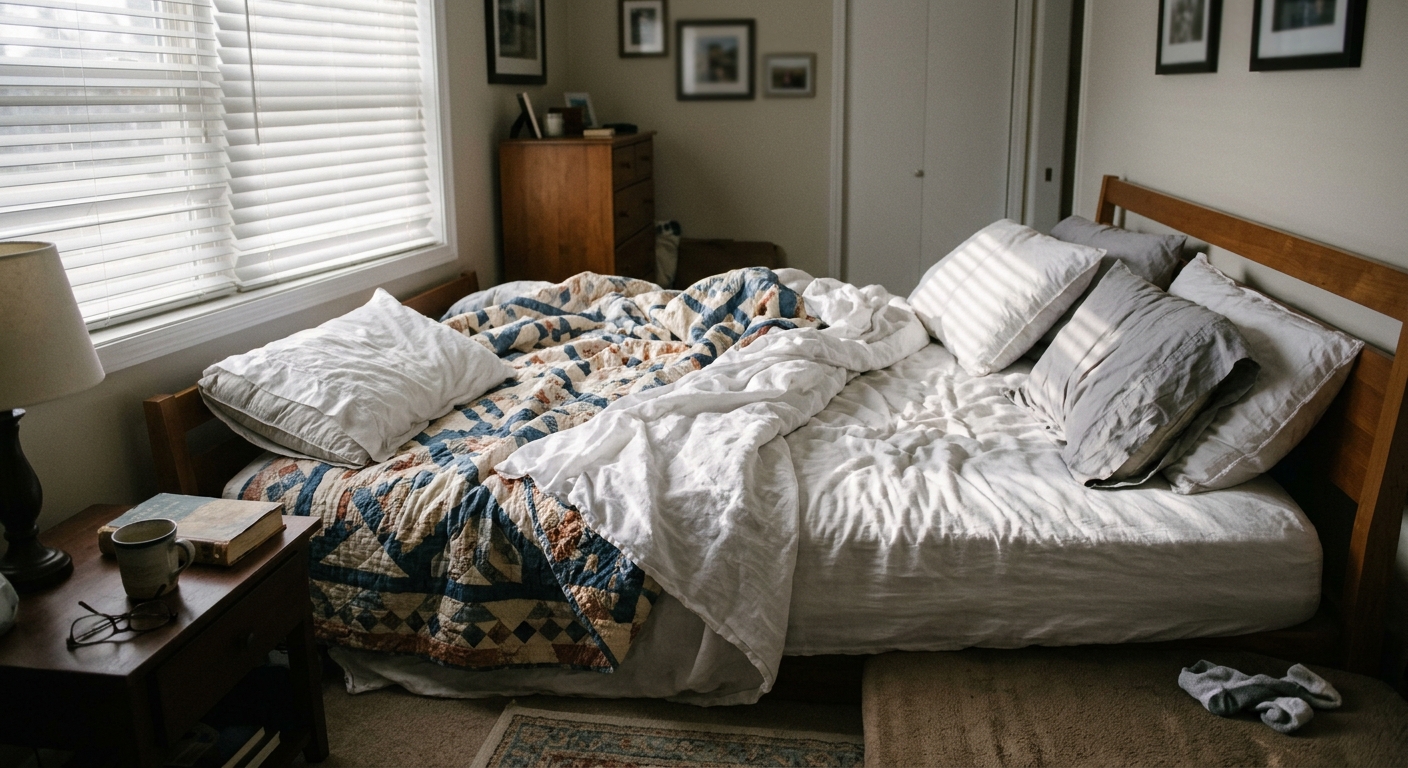 an unmade bed with rumpled sheets and pillows in a typical suburban American home, illuminated by soft morning sunlight coming through partially open window bli