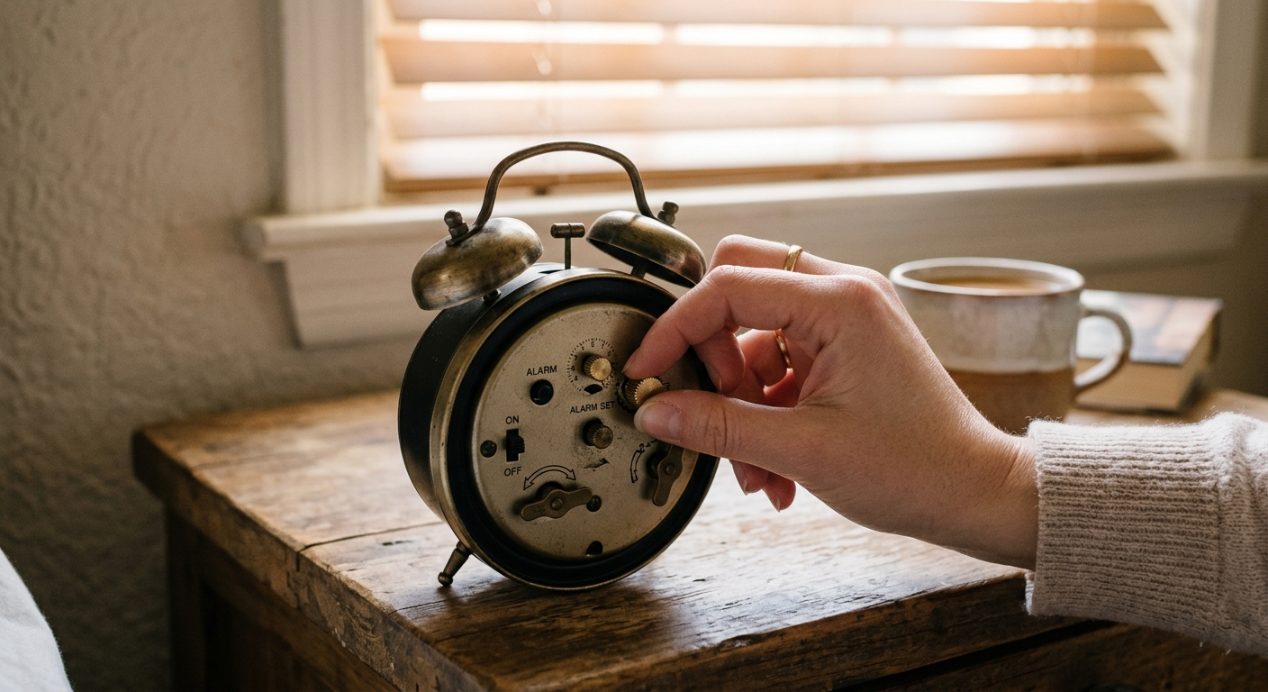 a close-up of a person's hand adjusting the small metal dial on the back of a classic bedroom alarm clock resting on a wooden nightstand, soft morning sunlight